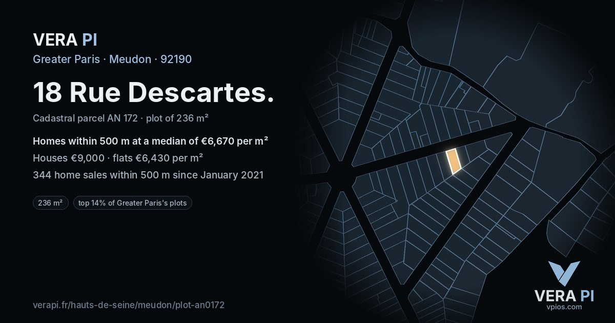 18 Rue Descartes, Meudon at night – the plot lit, the parcels around coloured by the prices near them
