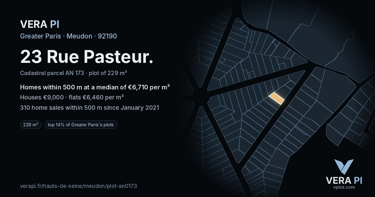 23 Rue Pasteur, Meudon at night – the plot lit, the parcels around coloured by the prices near them