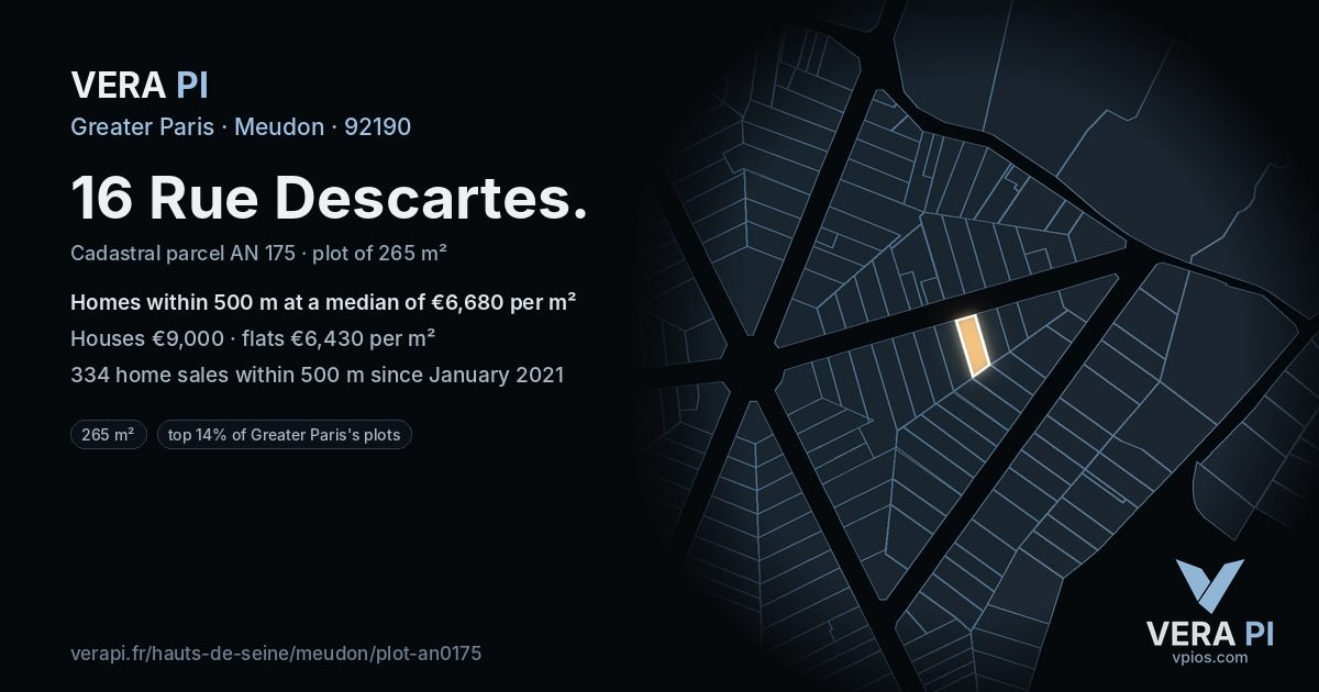 16 Rue Descartes, Meudon at night – the plot lit, the parcels around coloured by the prices near them