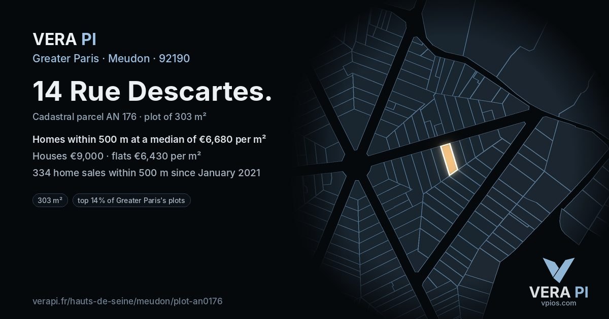 14 Rue Descartes, Meudon at night – the plot lit, the parcels around coloured by the prices near them