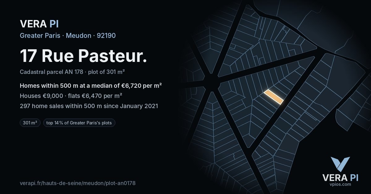 17 Rue Pasteur, Meudon at night – the plot lit, the parcels around coloured by the prices near them