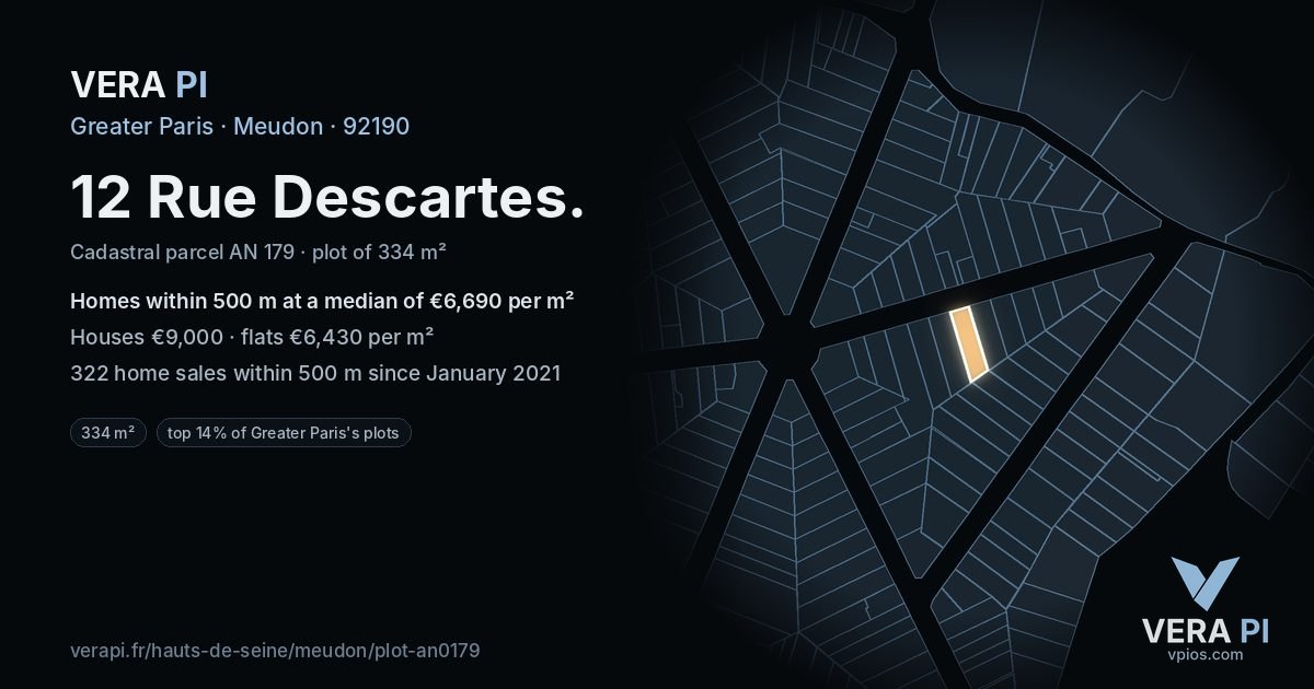 12 Rue Descartes, Meudon at night – the plot lit, the parcels around coloured by the prices near them