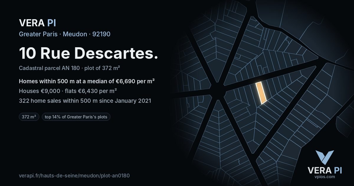 10 Rue Descartes, Meudon at night – the plot lit, the parcels around coloured by the prices near them