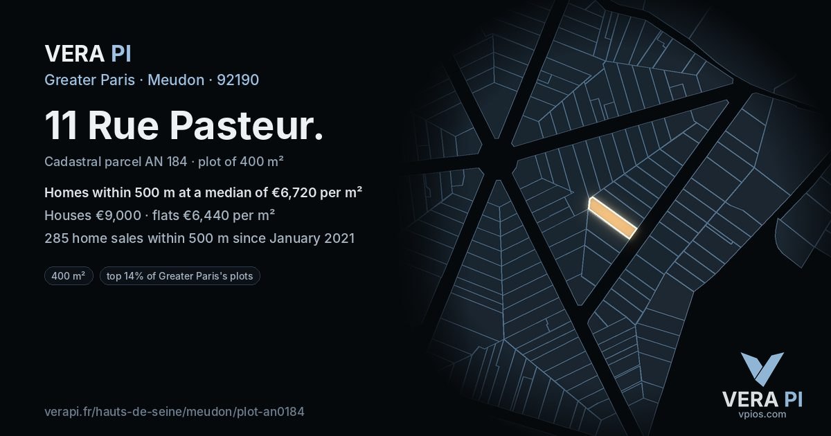 11 Rue Pasteur, Meudon at night – the plot lit, the parcels around coloured by the prices near them