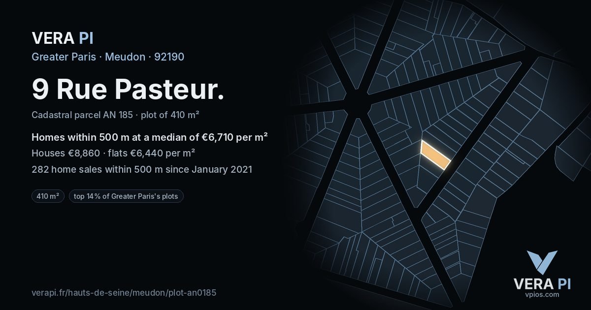 9 Rue Pasteur, Meudon at night – the plot lit, the parcels around coloured by the prices near them