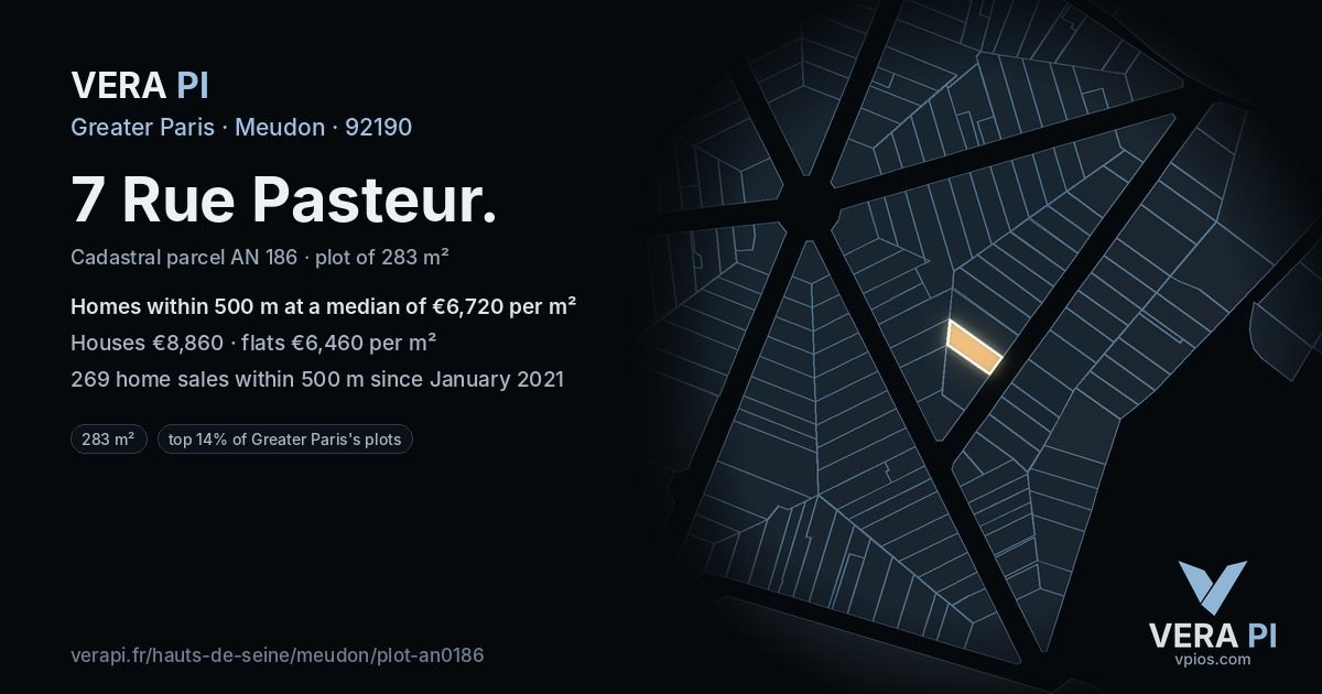 7 Rue Pasteur, Meudon at night – the plot lit, the parcels around coloured by the prices near them