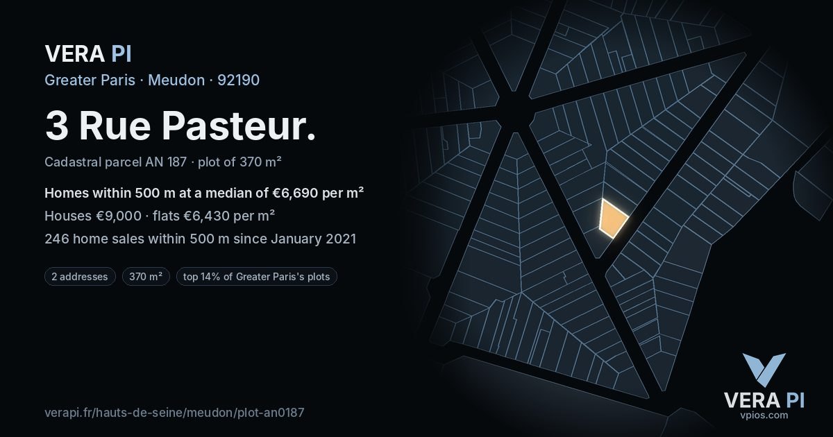 3 Rue Pasteur, Meudon at night – the plot lit, the parcels around coloured by the prices near them