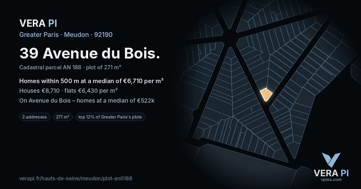 39 Avenue du Bois, Meudon at night – the plot lit, the parcels around coloured by the prices near them