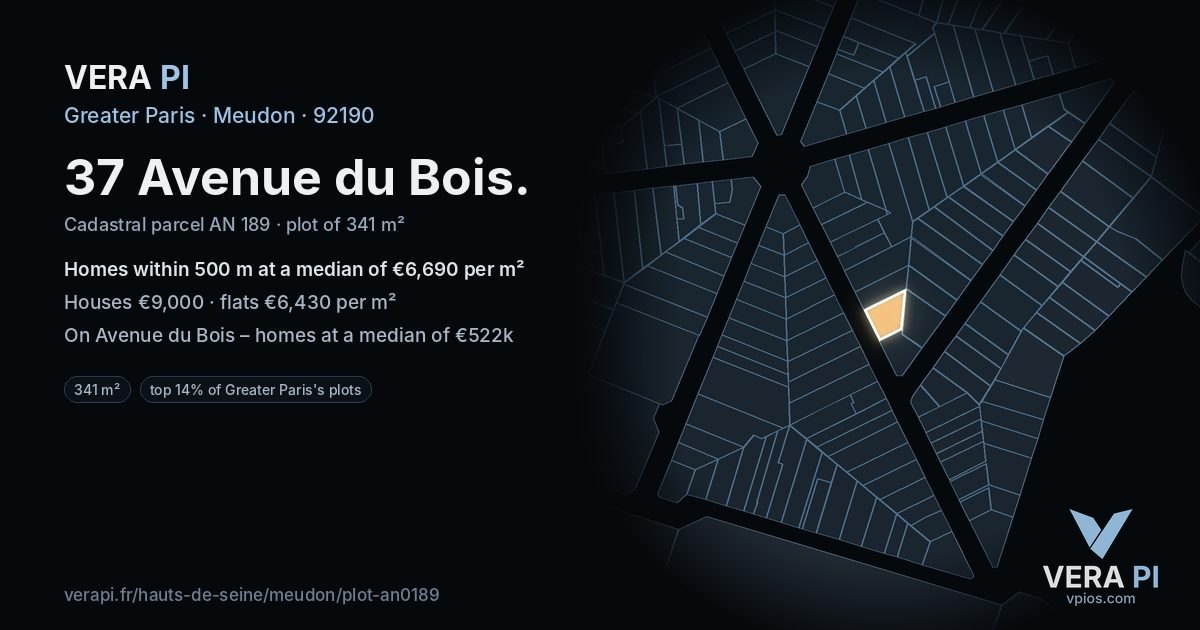37 Avenue du Bois, Meudon at night – the plot lit, the parcels around coloured by the prices near them