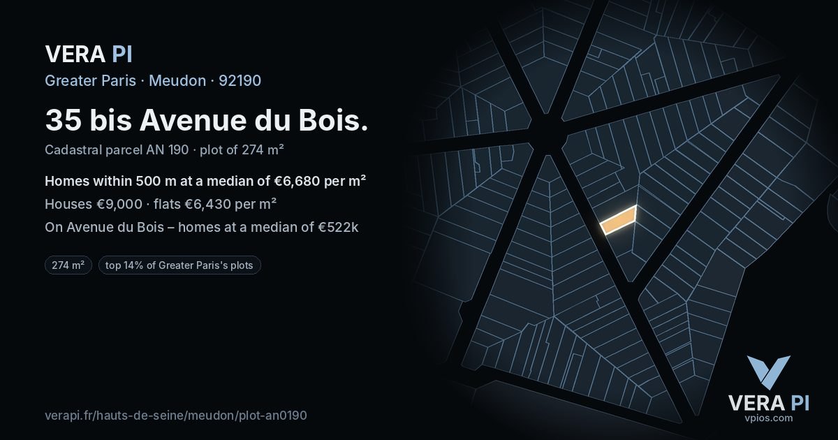 35 bis Avenue du Bois, Meudon at night – the plot lit, the parcels around coloured by the prices near them