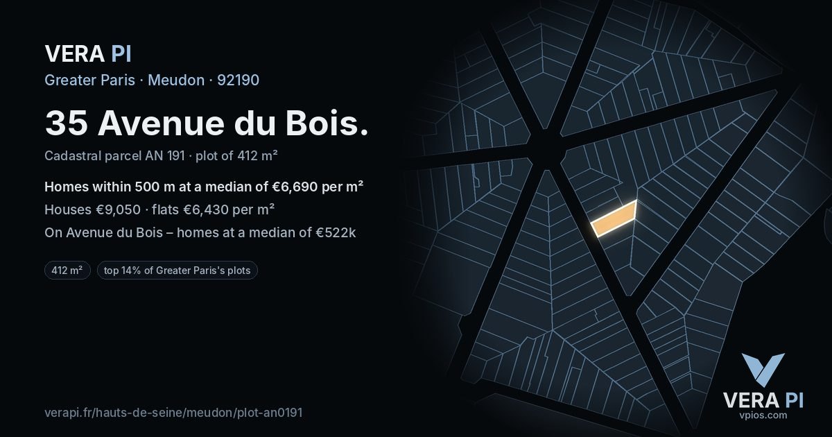 35 Avenue du Bois, Meudon at night – the plot lit, the parcels around coloured by the prices near them