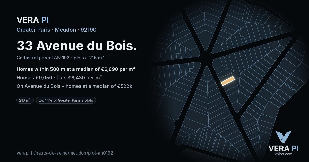 33 Avenue du Bois, Meudon at night – the plot lit, the parcels around coloured by the prices near them