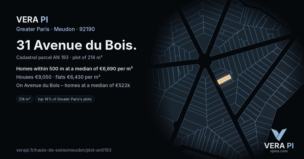31 Avenue du Bois, Meudon at night – the plot lit, the parcels around coloured by the prices near them