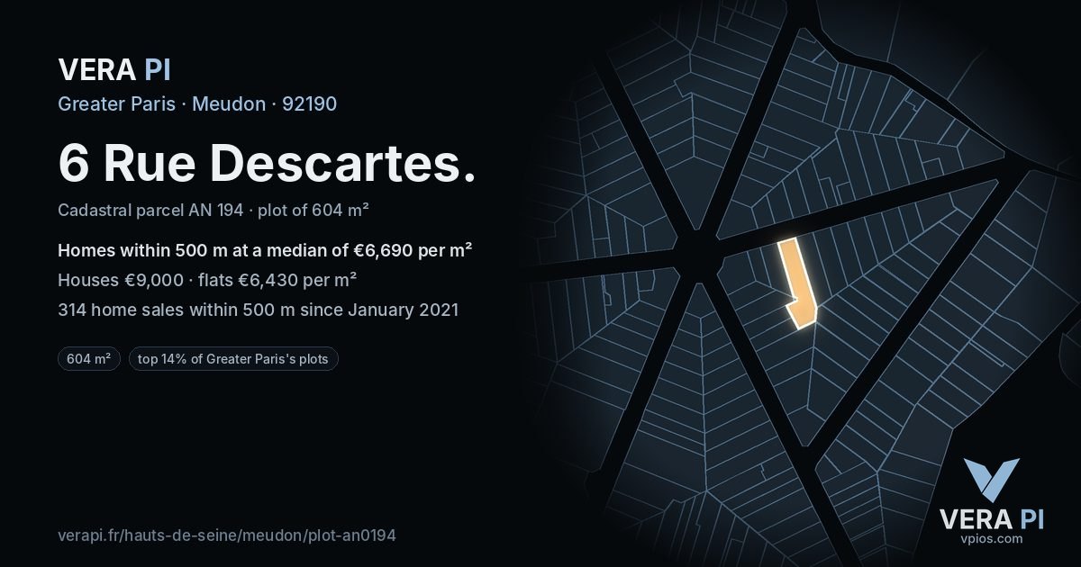 6 Rue Descartes, Meudon at night – the plot lit, the parcels around coloured by the prices near them