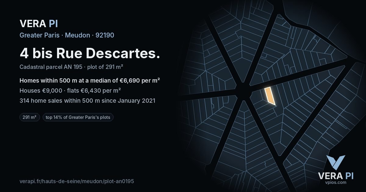 4 bis Rue Descartes, Meudon at night – the plot lit, the parcels around coloured by the prices near them
