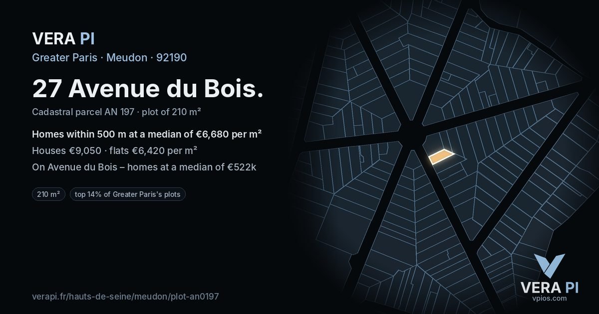27 Avenue du Bois, Meudon at night – the plot lit, the parcels around coloured by the prices near them