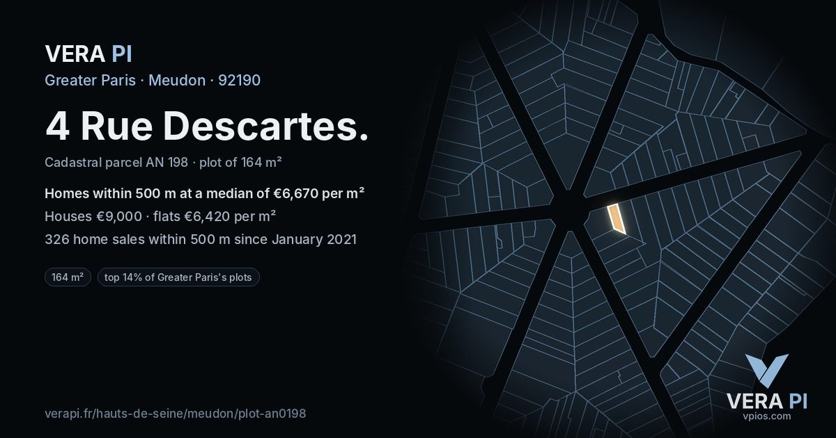 4 Rue Descartes, Meudon at night – the plot lit, the parcels around coloured by the prices near them