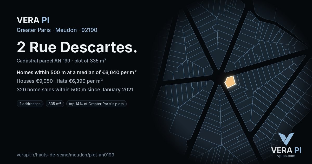 2 Rue Descartes, Meudon at night – the plot lit, the parcels around coloured by the prices near them