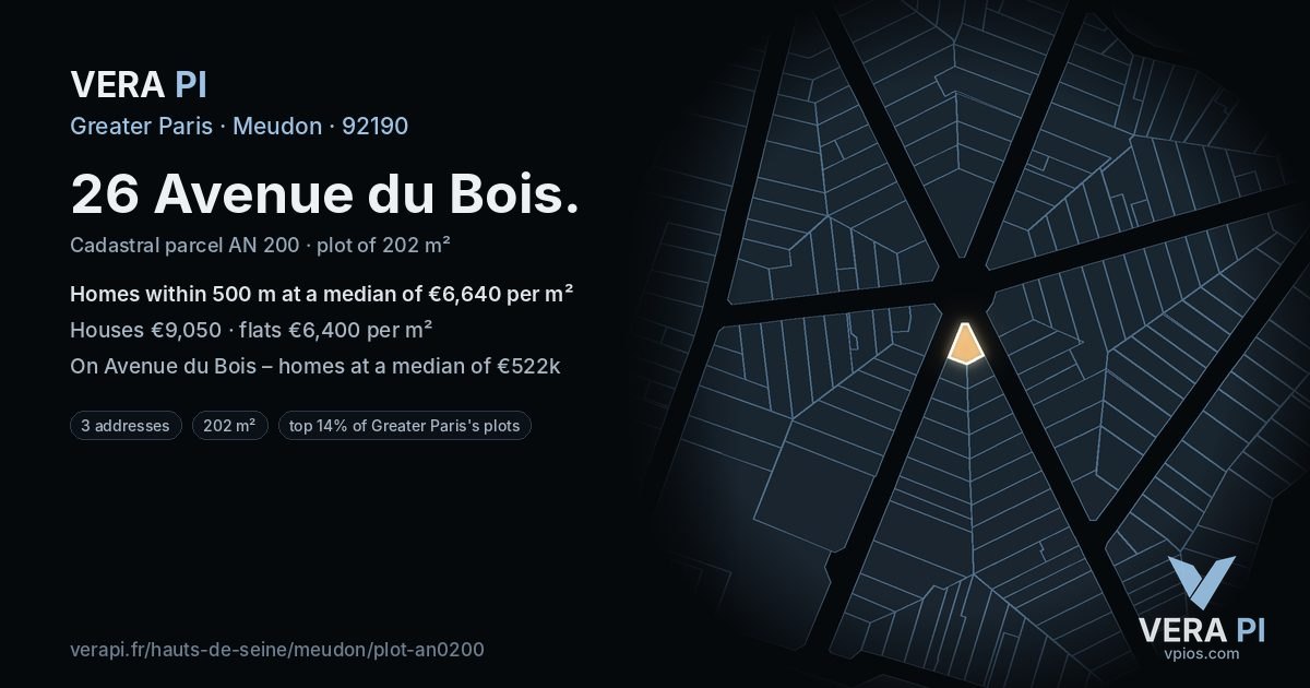 26 Avenue du Bois, Meudon at night – the plot lit, the parcels around coloured by the prices near them