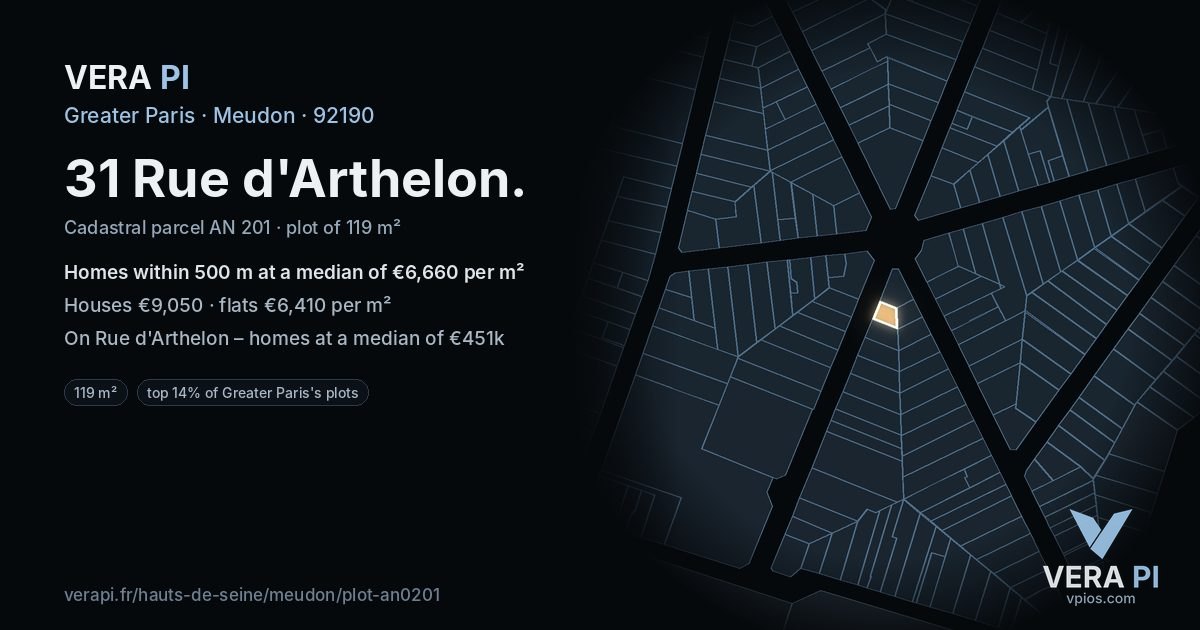 31 Rue d'Arthelon, Meudon at night – the plot lit, the parcels around coloured by the prices near them