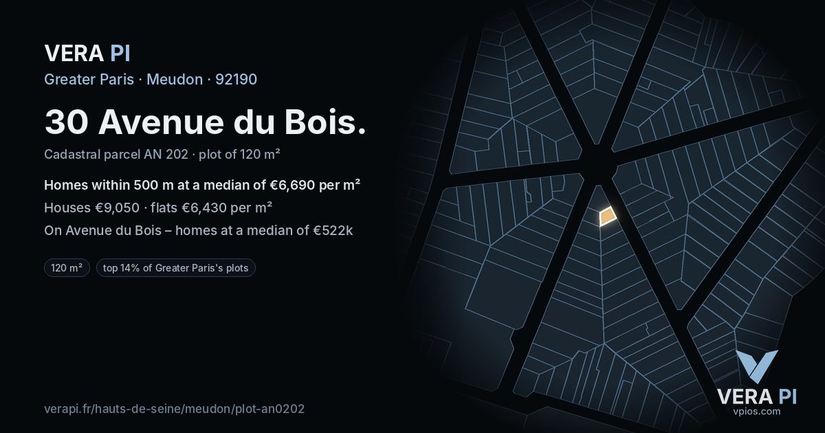 30 Avenue du Bois, Meudon at night – the plot lit, the parcels around coloured by the prices near them