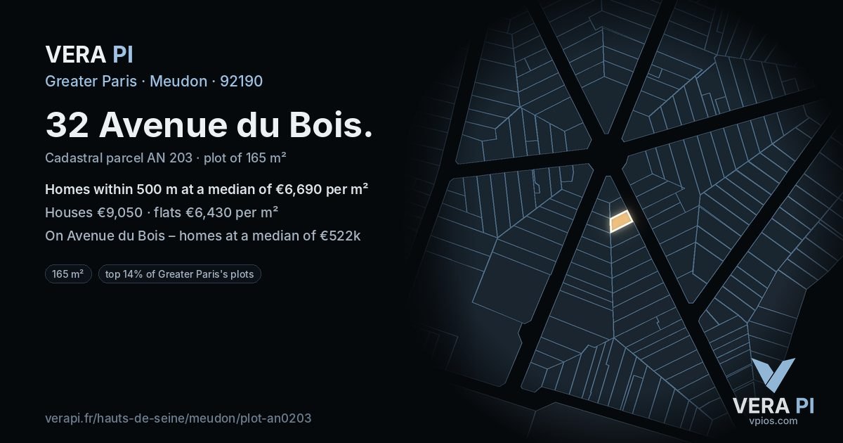 32 Avenue du Bois, Meudon at night – the plot lit, the parcels around coloured by the prices near them