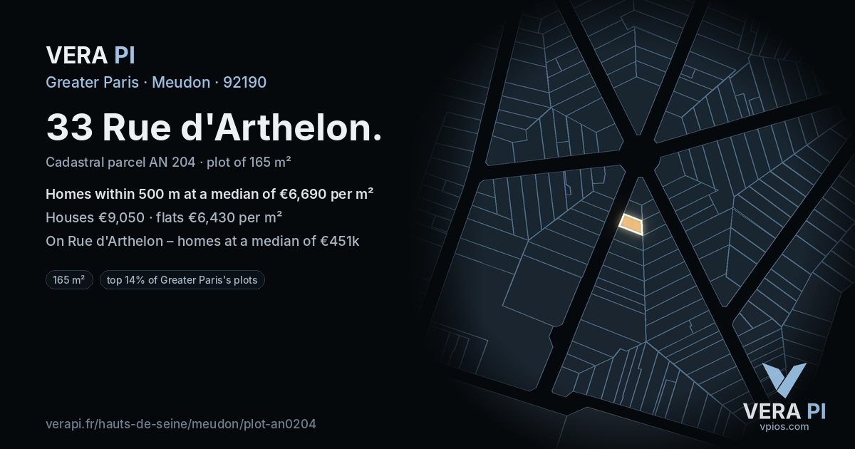 33 Rue d'Arthelon, Meudon at night – the plot lit, the parcels around coloured by the prices near them