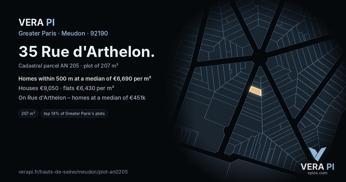 35 Rue d'Arthelon, Meudon at night – the plot lit, the parcels around coloured by the prices near them