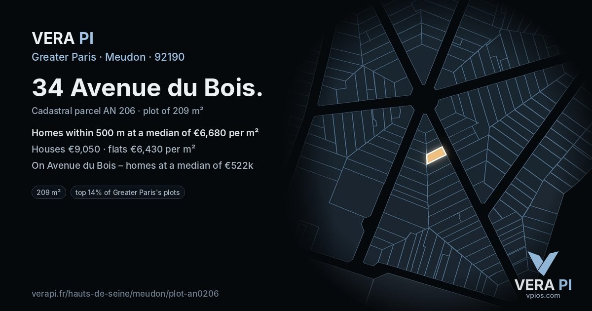 34 Avenue du Bois, Meudon at night – the plot lit, the parcels around coloured by the prices near them