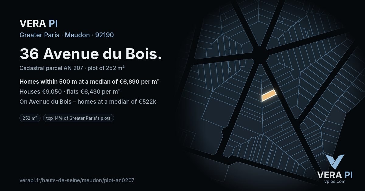 36 Avenue du Bois, Meudon at night – the plot lit, the parcels around coloured by the prices near them