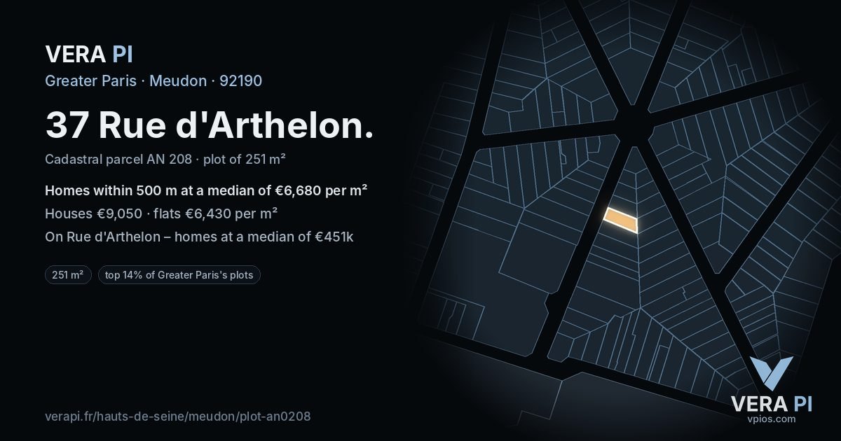 37 Rue d'Arthelon, Meudon at night – the plot lit, the parcels around coloured by the prices near them