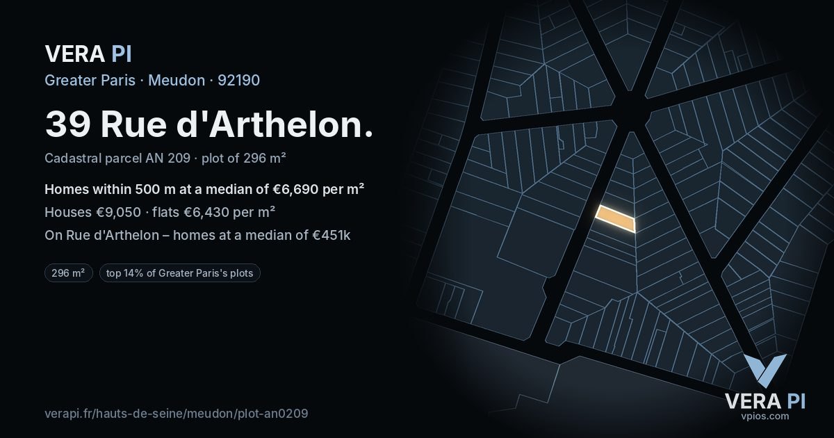 39 Rue d'Arthelon, Meudon at night – the plot lit, the parcels around coloured by the prices near them