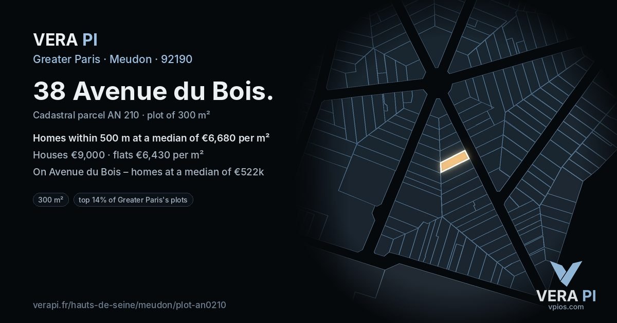 38 Avenue du Bois, Meudon at night – the plot lit, the parcels around coloured by the prices near them