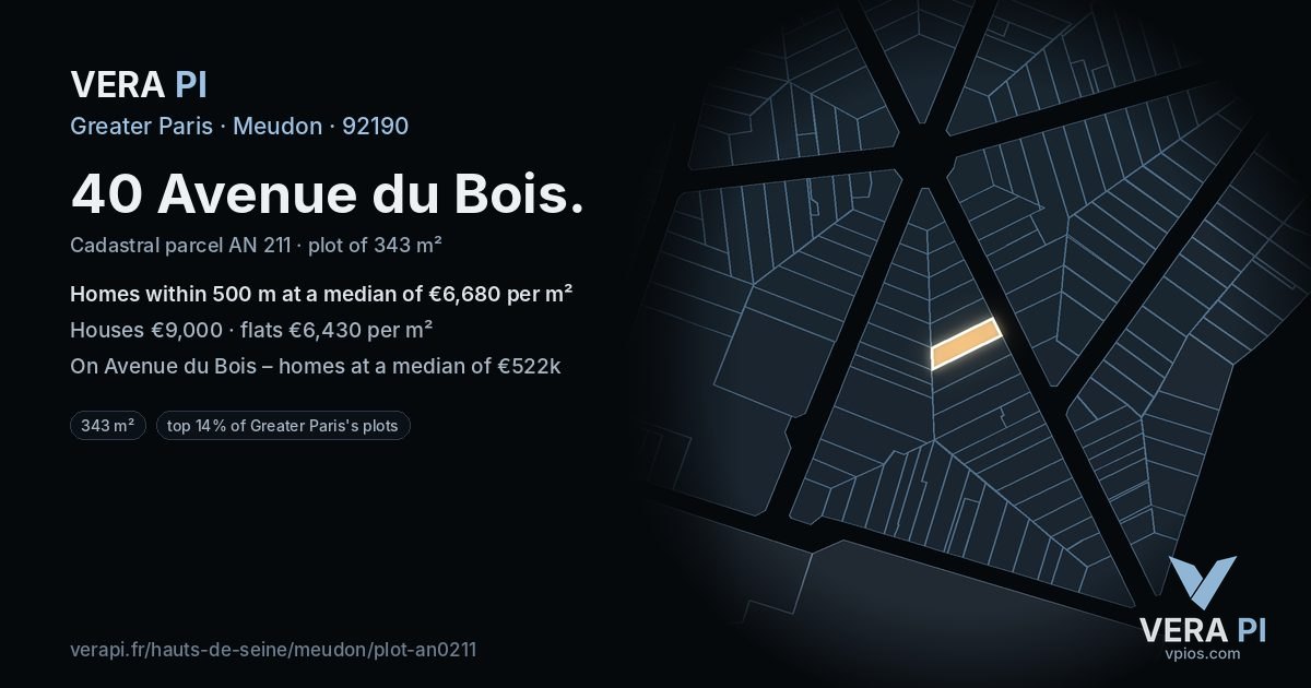 40 Avenue du Bois, Meudon at night – the plot lit, the parcels around coloured by the prices near them