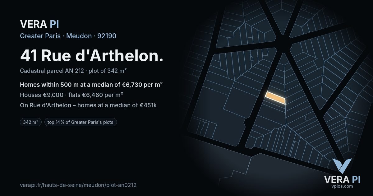 41 Rue d'Arthelon, Meudon at night – the plot lit, the parcels around coloured by the prices near them