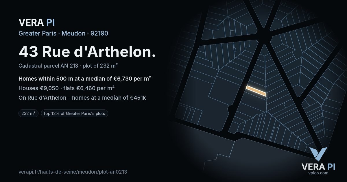 43 Rue d'Arthelon, Meudon at night – the plot lit, the parcels around coloured by the prices near them