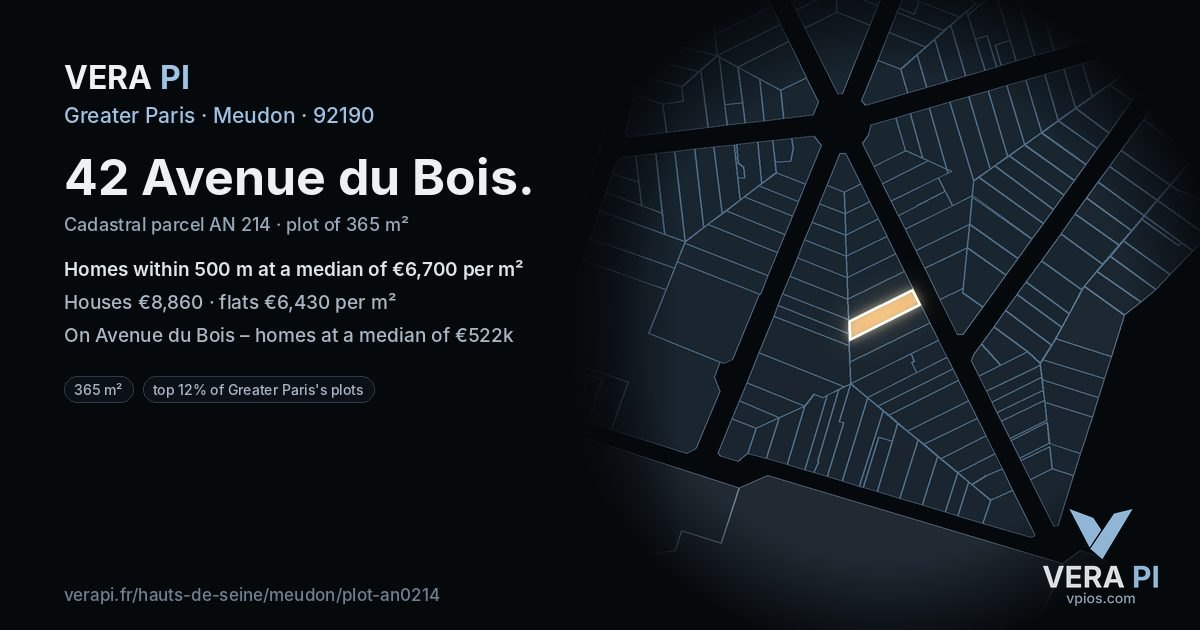 42 Avenue du Bois, Meudon at night – the plot lit, the parcels around coloured by the prices near them