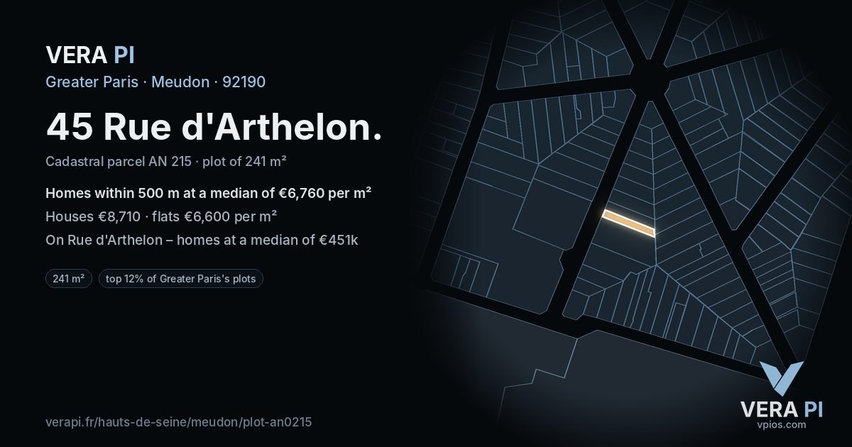 45 Rue d'Arthelon, Meudon at night – the plot lit, the parcels around coloured by the prices near them