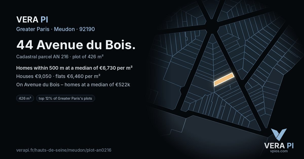 44 Avenue du Bois, Meudon at night – the plot lit, the parcels around coloured by the prices near them