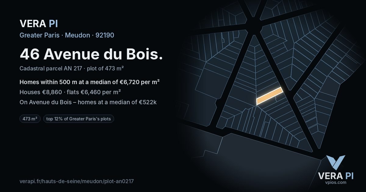 46 Avenue du Bois, Meudon at night – the plot lit, the parcels around coloured by the prices near them