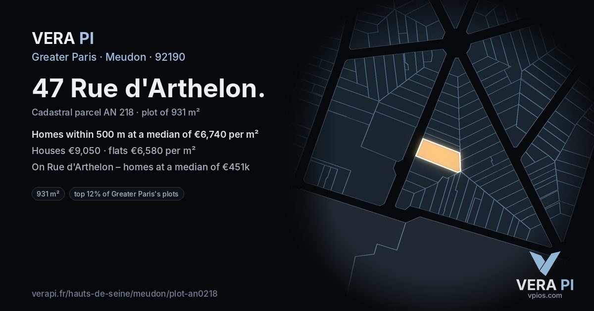 47 Rue d'Arthelon, Meudon at night – the plot lit, the parcels around coloured by the prices near them