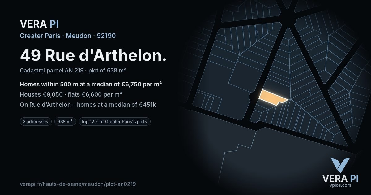 49 Rue d'Arthelon, Meudon at night – the plot lit, the parcels around coloured by the prices near them
