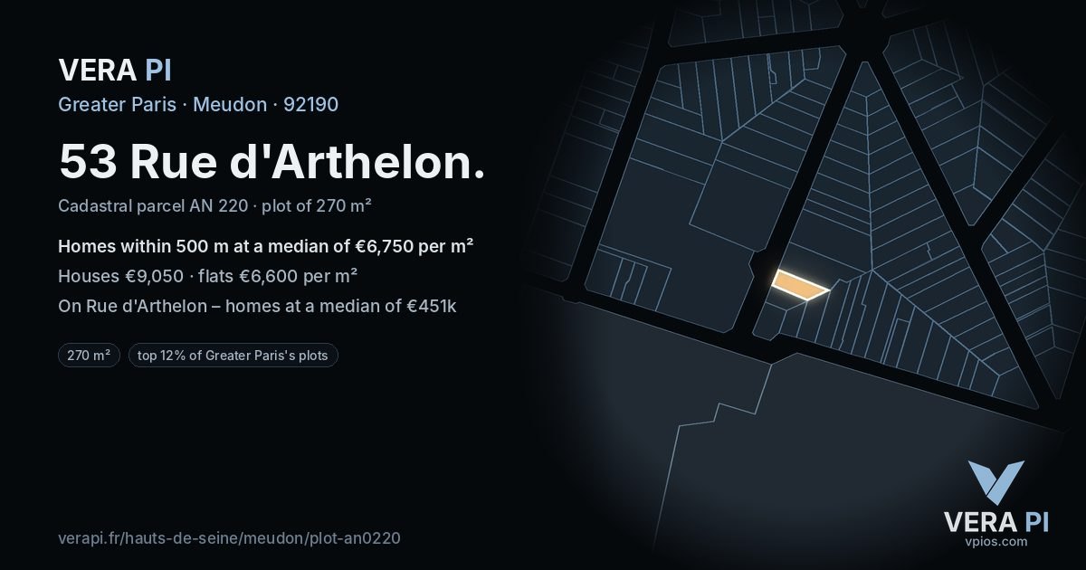 53 Rue d'Arthelon, Meudon at night – the plot lit, the parcels around coloured by the prices near them