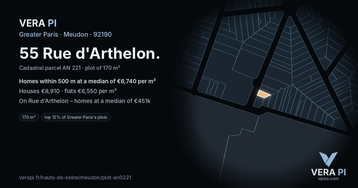 55 Rue d'Arthelon, Meudon at night – the plot lit, the parcels around coloured by the prices near them