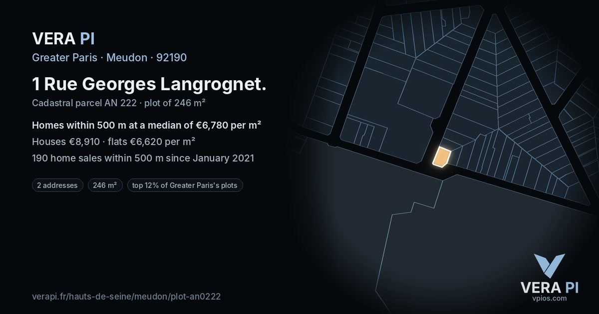 1 Rue Georges Langrognet, Meudon at night – the plot lit, the parcels around coloured by the prices near them