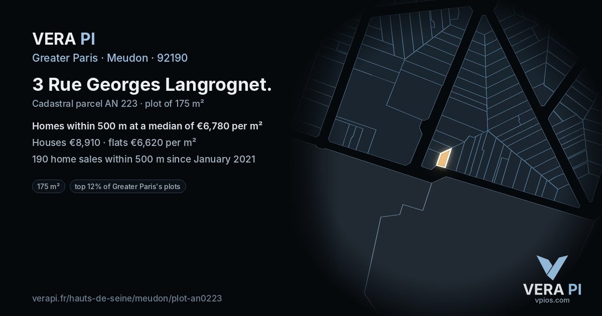 3 Rue Georges Langrognet, Meudon at night – the plot lit, the parcels around coloured by the prices near them
