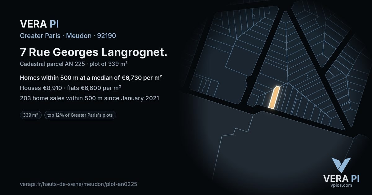 7 Rue Georges Langrognet, Meudon at night – the plot lit, the parcels around coloured by the prices near them