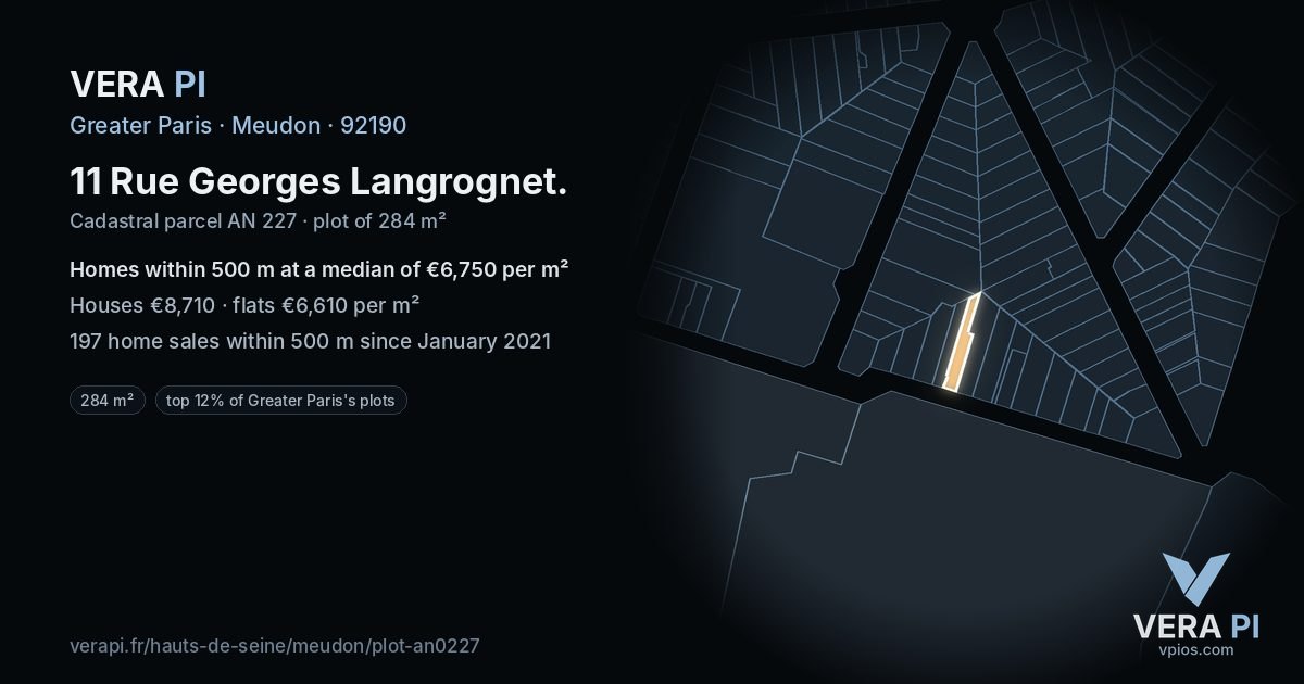 11 Rue Georges Langrognet, Meudon at night – the plot lit, the parcels around coloured by the prices near them