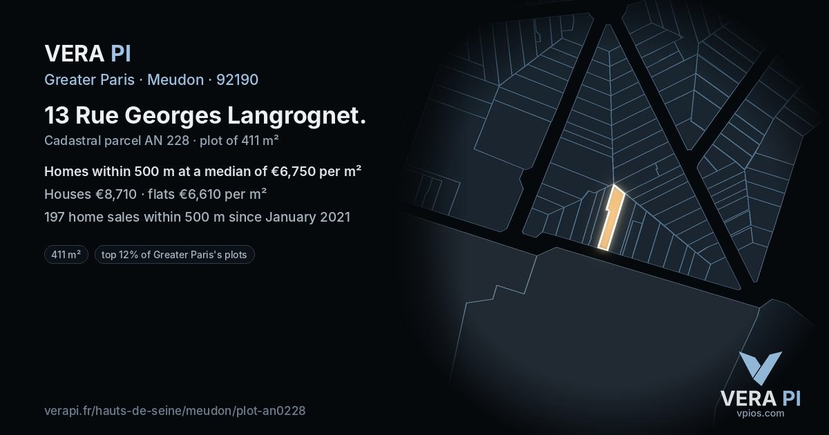 13 Rue Georges Langrognet, Meudon at night – the plot lit, the parcels around coloured by the prices near them