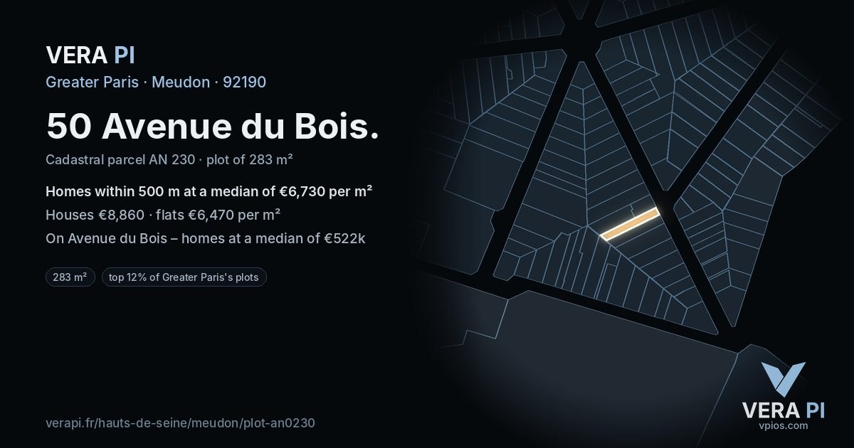 50 Avenue du Bois, Meudon at night – the plot lit, the parcels around coloured by the prices near them